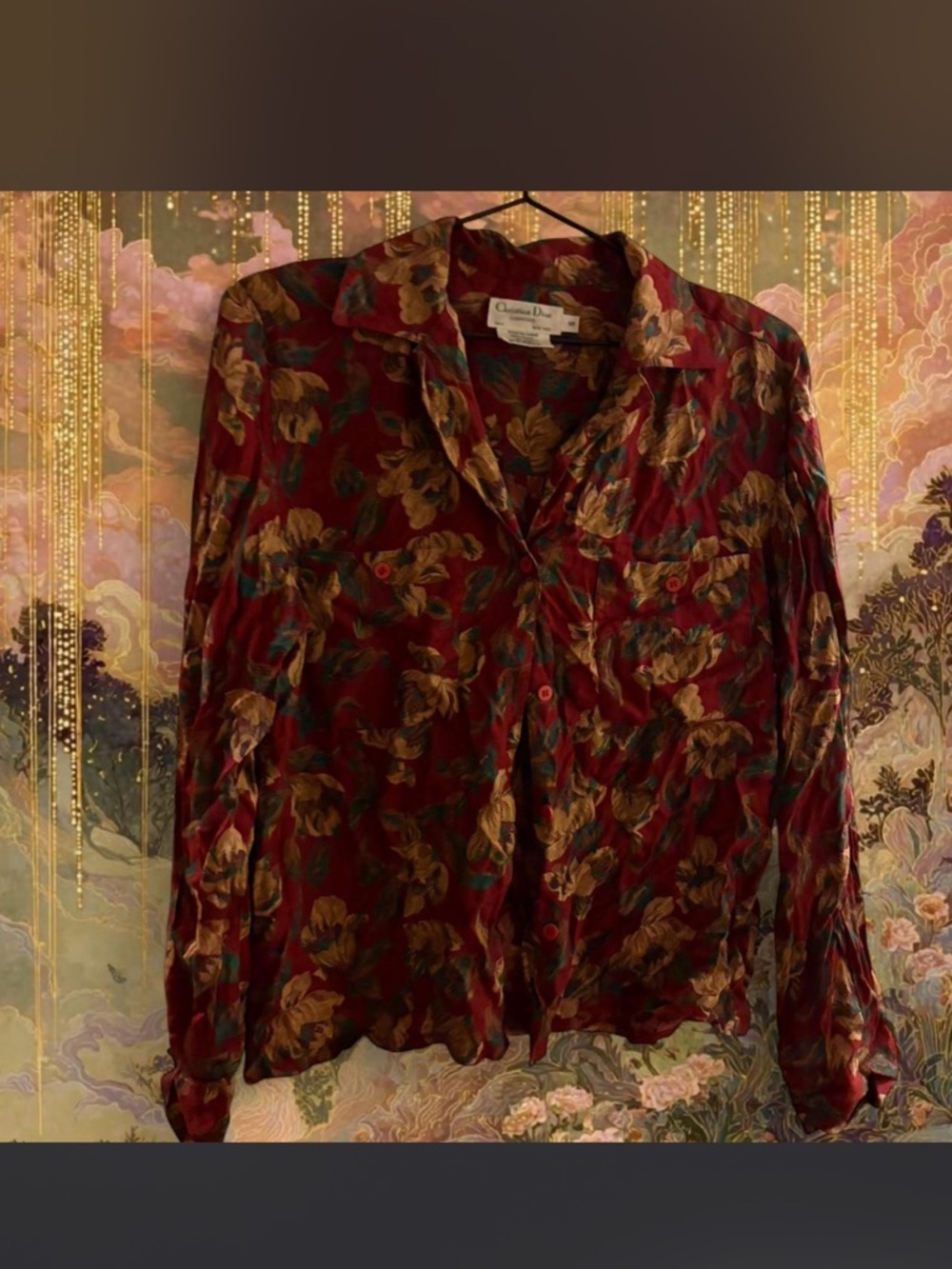 Vintage Christian Dior Floral Button-Up Blouse in Burgundy